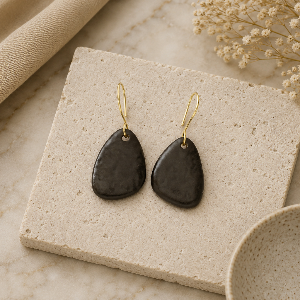 ANUVA Dark Ceramic Pebble Drop Earrings Earthy Organic Minimal