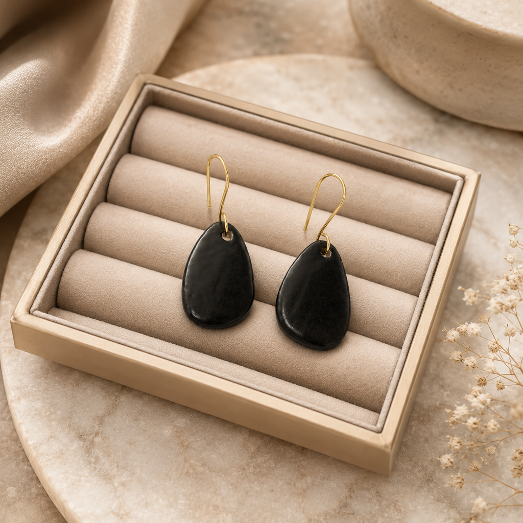 ANUVA Dark Ceramic Pebble Drop Earrings Earthy Organic Minimal