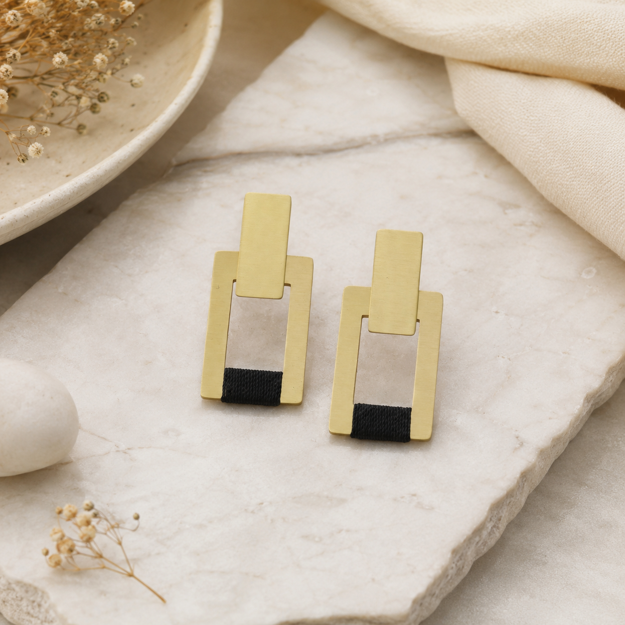 ANUVA Brass Double Rectangle Earrings with Black Thread Modern
