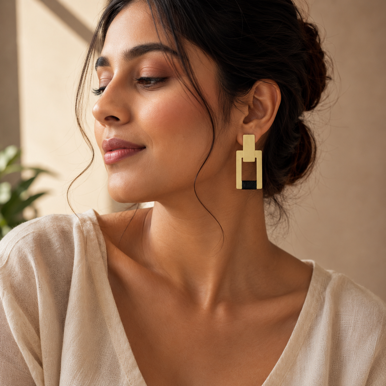 ANUVA Brass Double Rectangle Earrings with Black Thread Modern