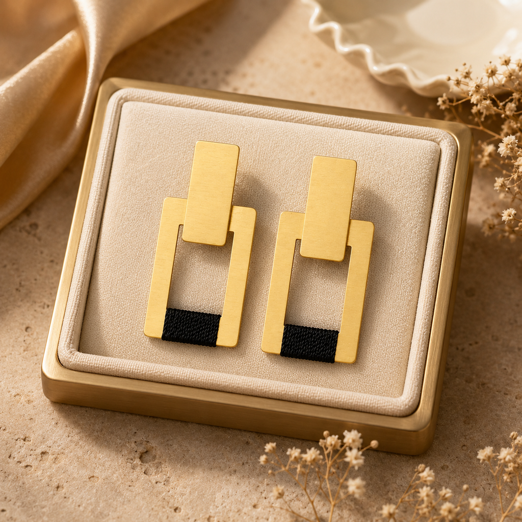 ANUVA Brass Double Rectangle Earrings with Black Thread Modern