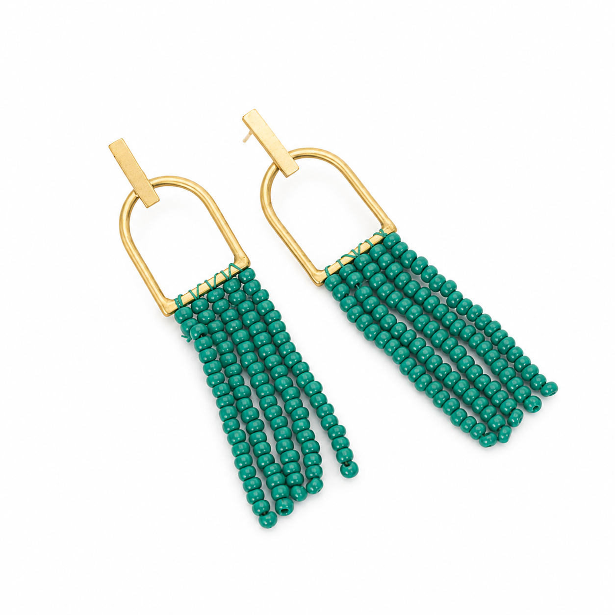 ANUVA Green Bead Tassel Fringe Earrings Brass Arch Boho