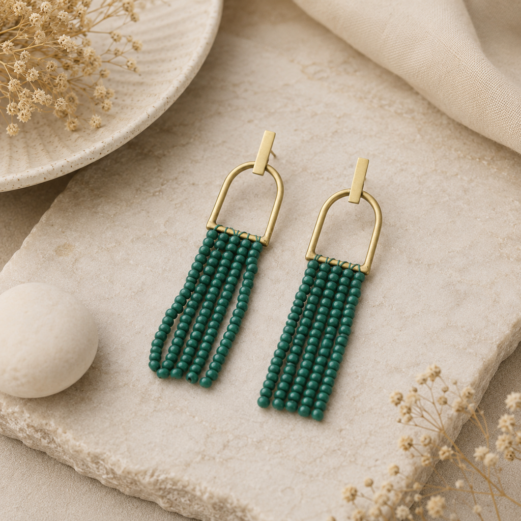 ANUVA Green Bead Tassel Fringe Earrings Brass Arch Boho