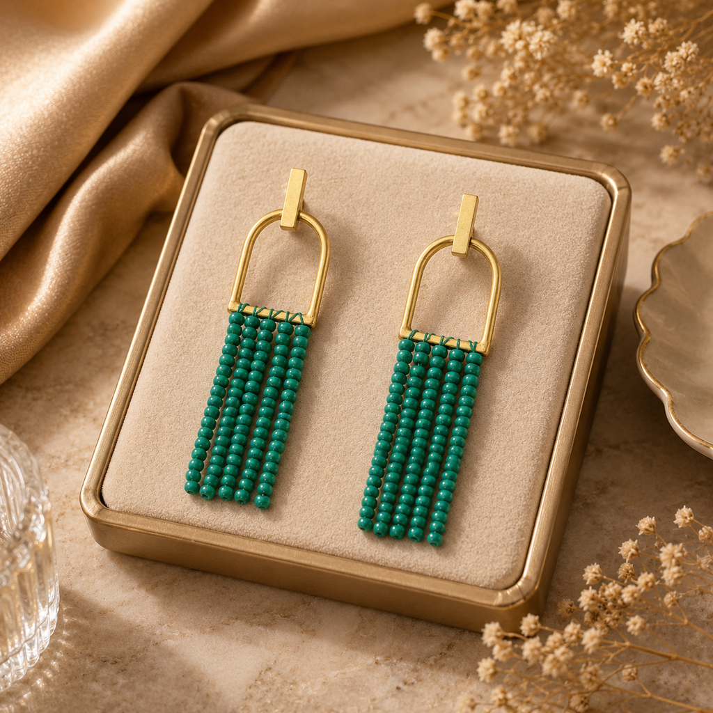 ANUVA Green Bead Tassel Fringe Earrings Brass Arch Boho