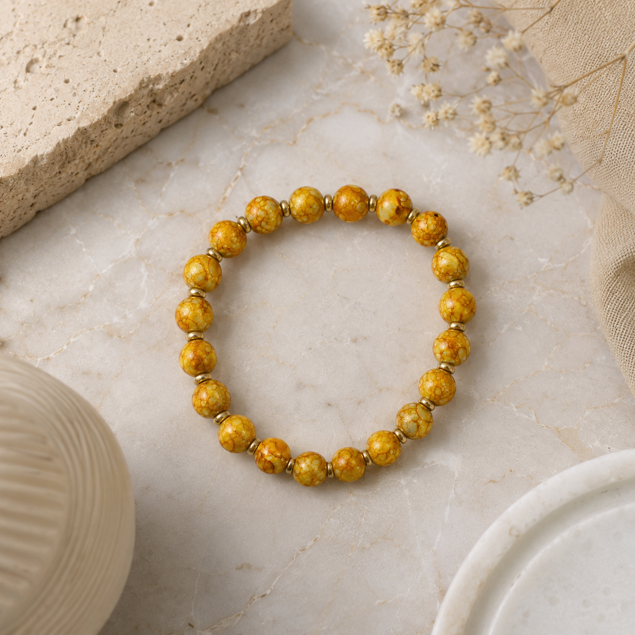 ANUVA Golden Orange Marbled Bead Stretch Bracelet Gold Accents