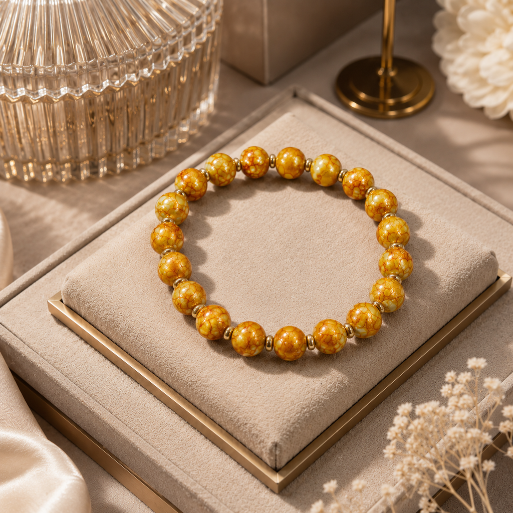 ANUVA Golden Orange Marbled Bead Stretch Bracelet Gold Accents