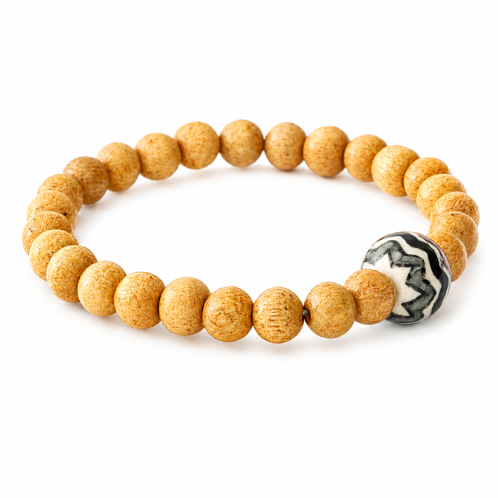 ANUVA Wood Bead Stretch Bracelet with Ceramic Zigzag Focal