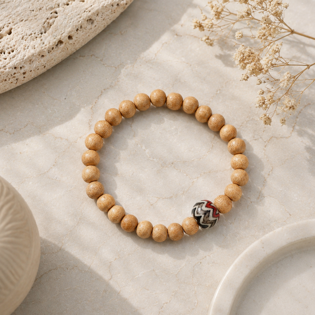 ANUVA Wood Bead Stretch Bracelet with Ceramic Zigzag Focal