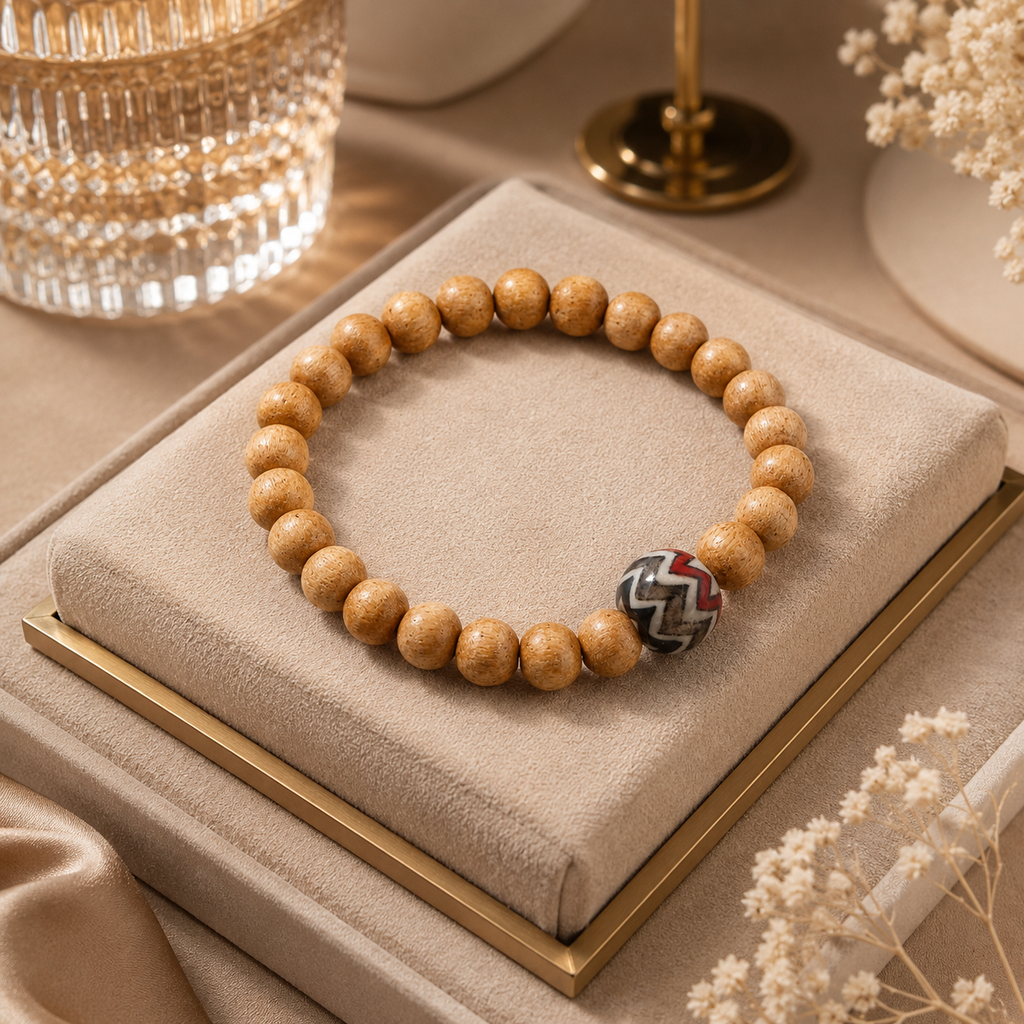 ANUVA Wood Bead Stretch Bracelet with Ceramic Zigzag Focal