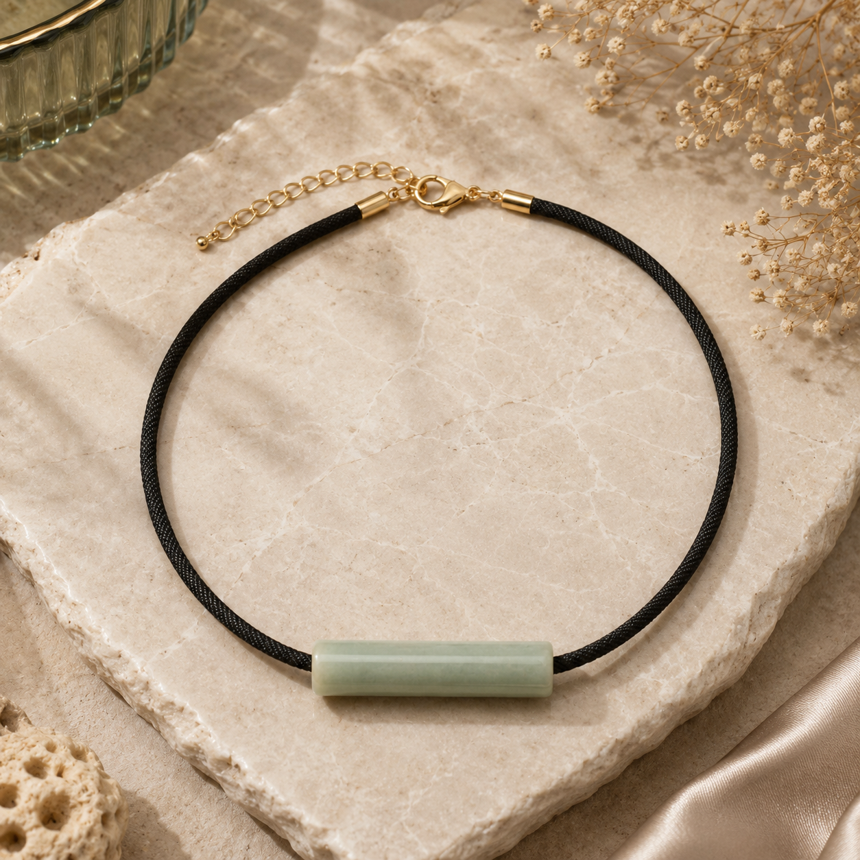 ANUVA Mint Sage Ceramic Tube Bead Cord Choker Necklace Minimal