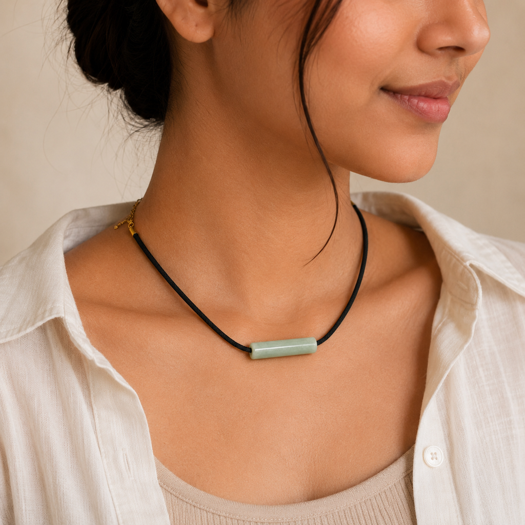ANUVA Mint Sage Ceramic Tube Bead Cord Choker Necklace Minimal