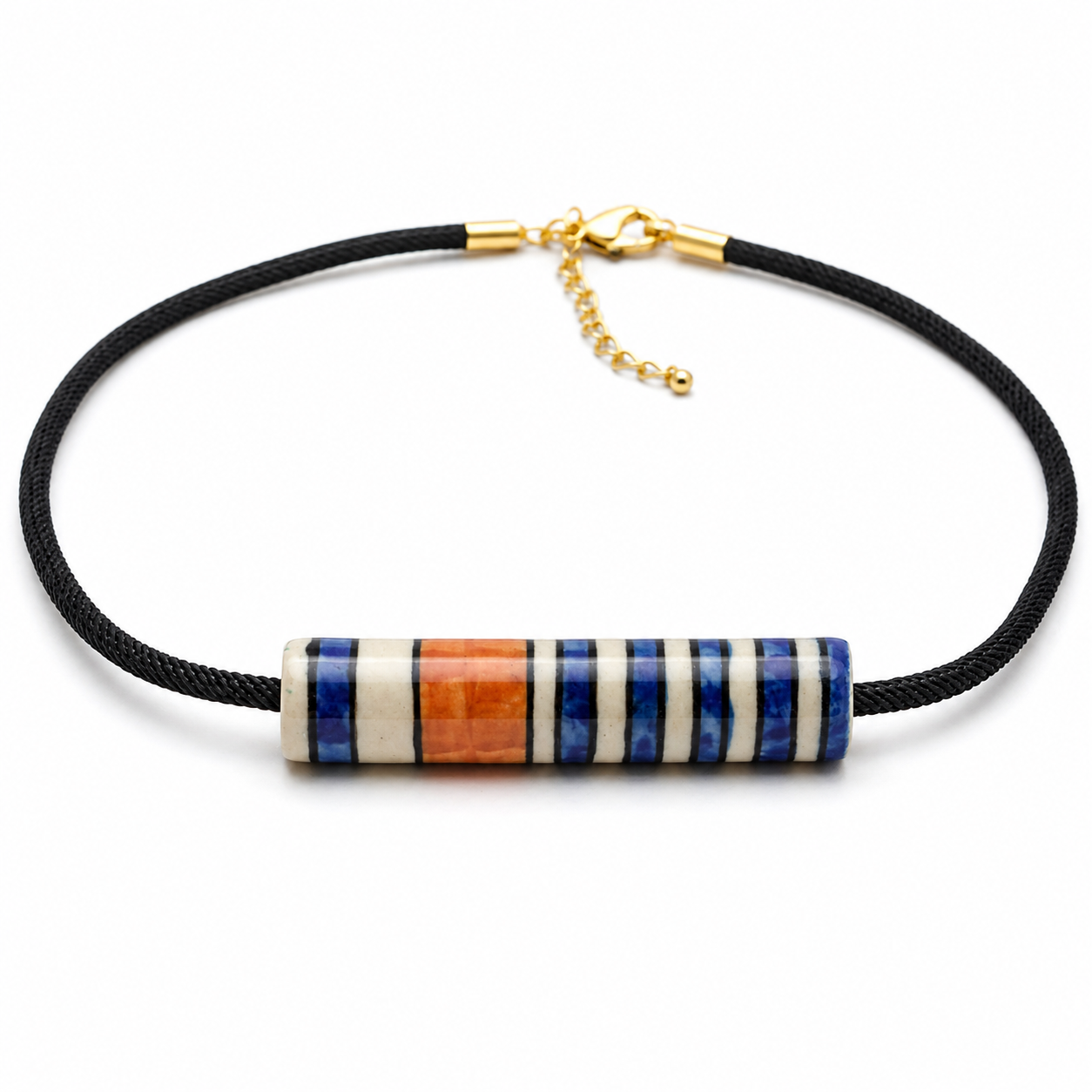 ANUVA Multi-Colour Striped Ceramic Tube Cord Necklace Handmade