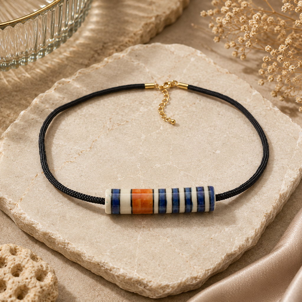 ANUVA Multi-Colour Striped Ceramic Tube Cord Necklace Handmade