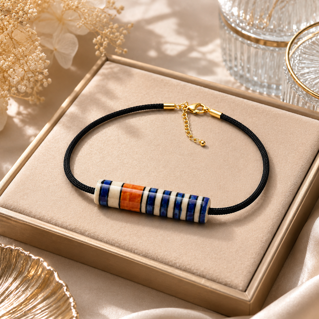 ANUVA Multi-Colour Striped Ceramic Tube Cord Necklace Handmade