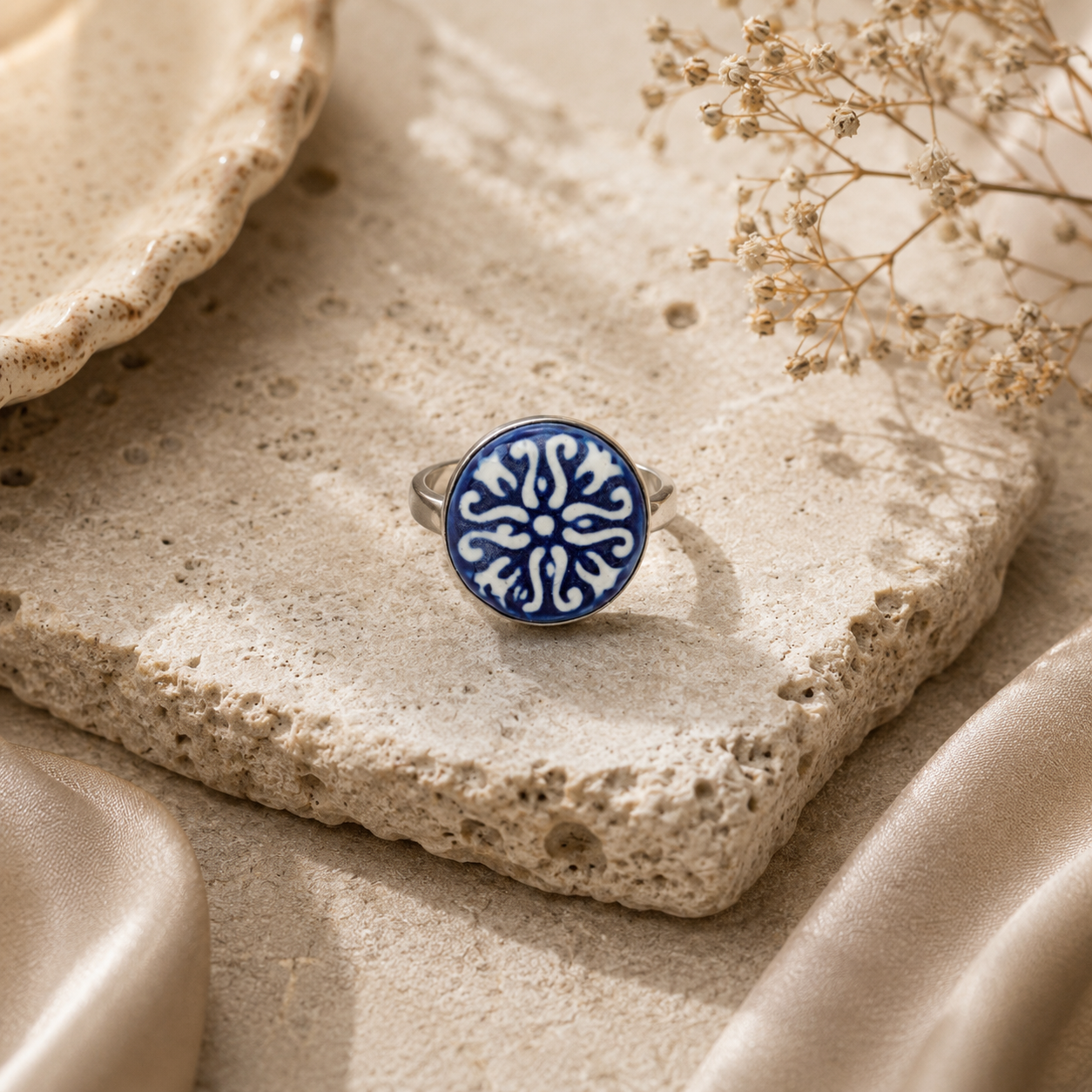 ANUVA Blue Floral Ceramic Statement Ring Hand-Painted Artisan