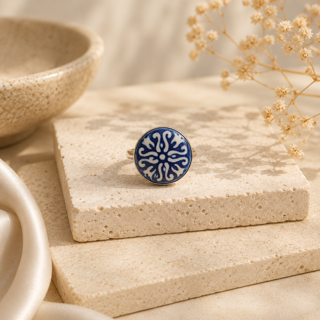 ANUVA Blue Floral Ceramic Statement Ring Hand-Painted Artisan