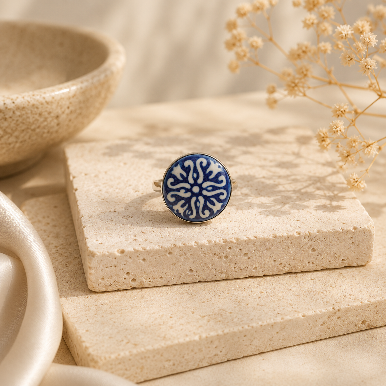 ANUVA Blue Floral Ceramic Statement Ring Hand-Painted Artisan