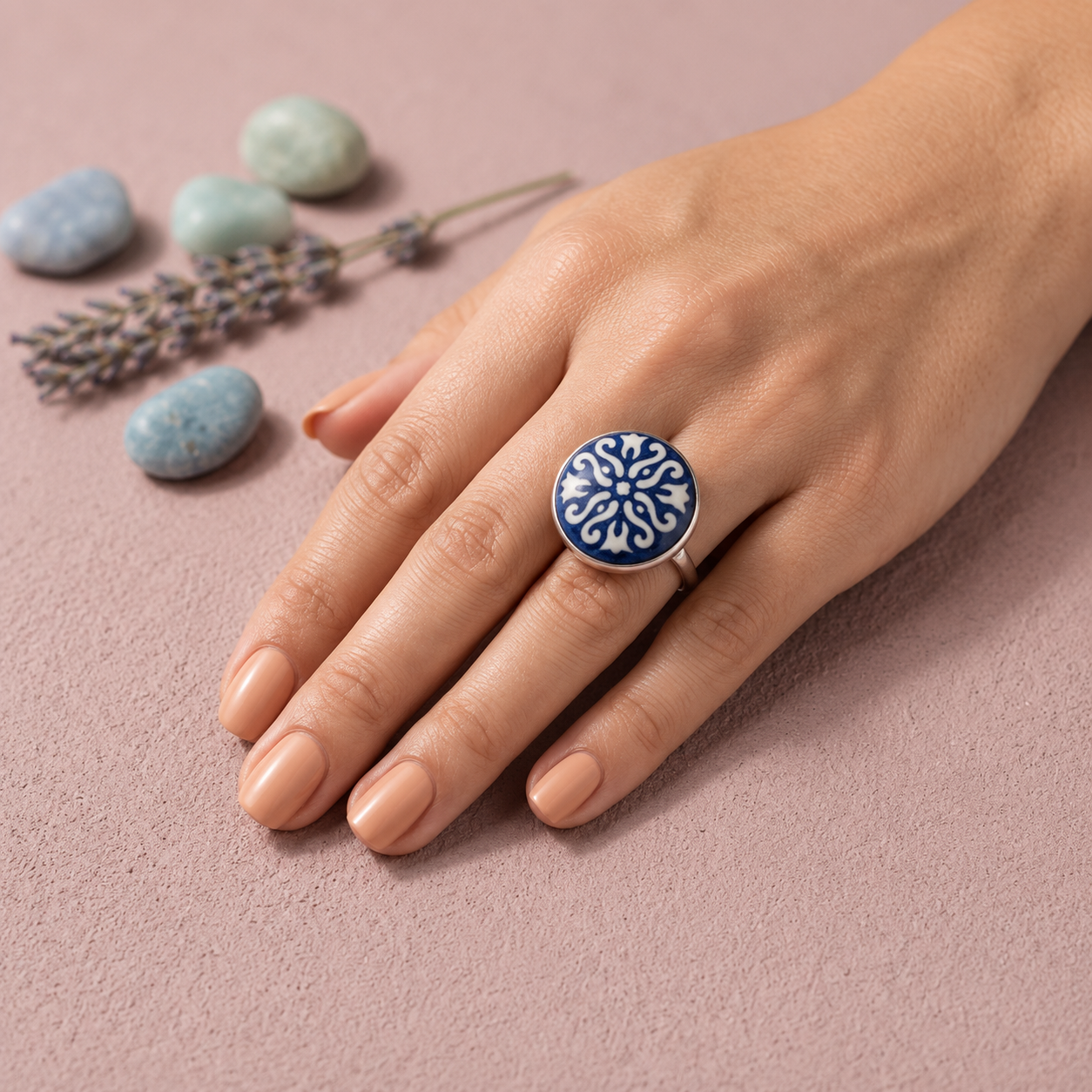 ANUVA Blue Floral Ceramic Statement Ring Hand-Painted Artisan