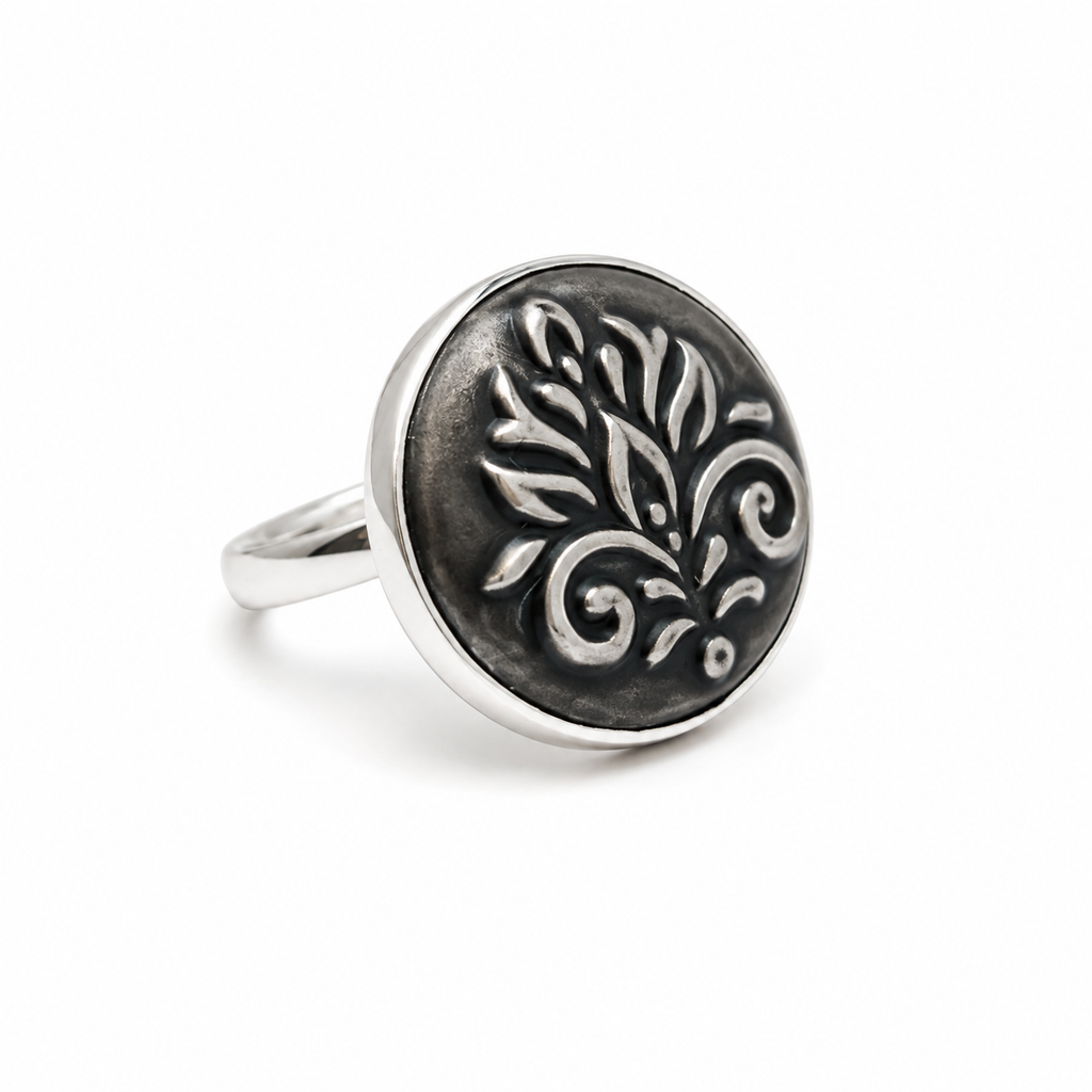 ANUVA Grey Botanical Ceramic Statement Ring Hand-Painted Art