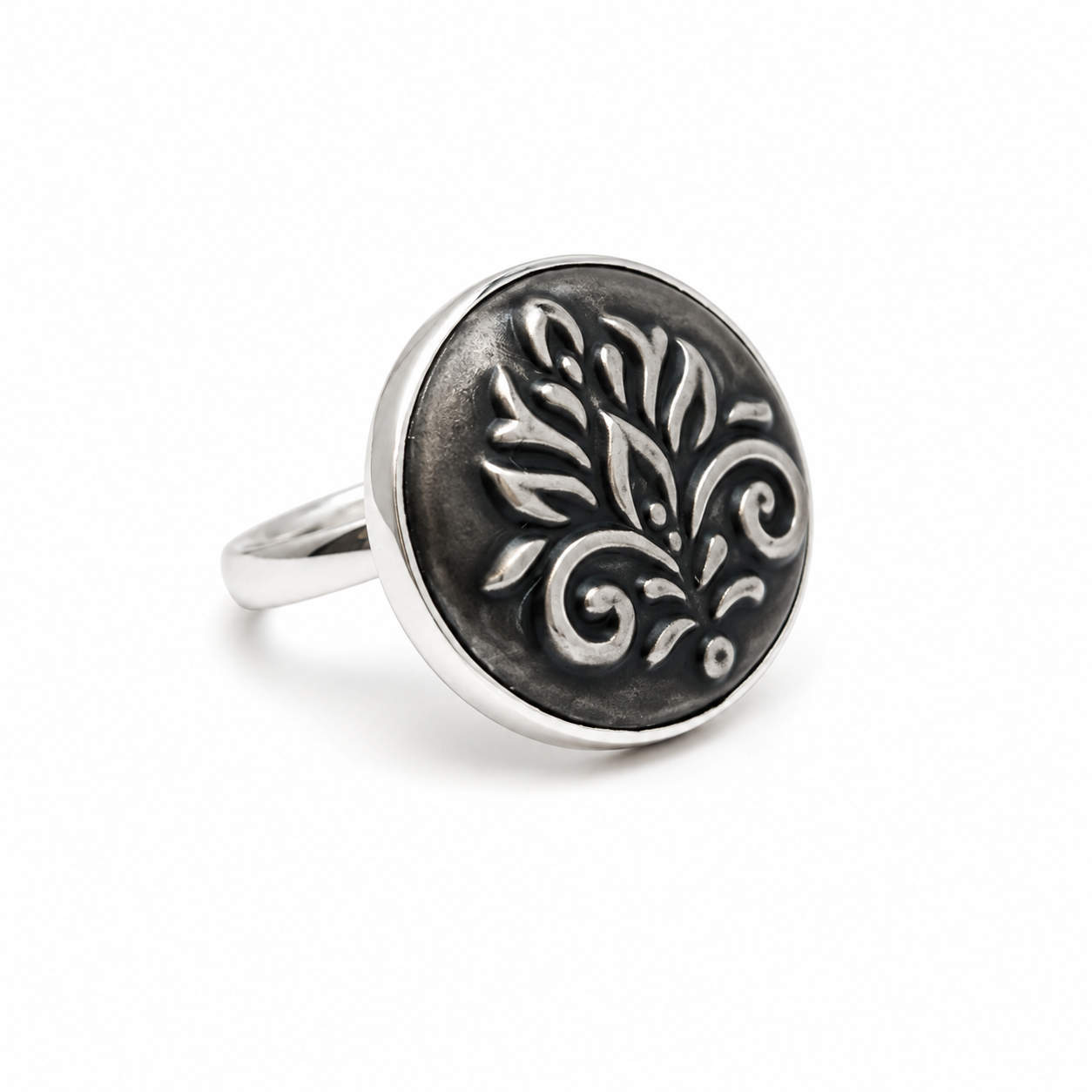 ANUVA Grey Botanical Ceramic Statement Ring Hand-Painted Art
