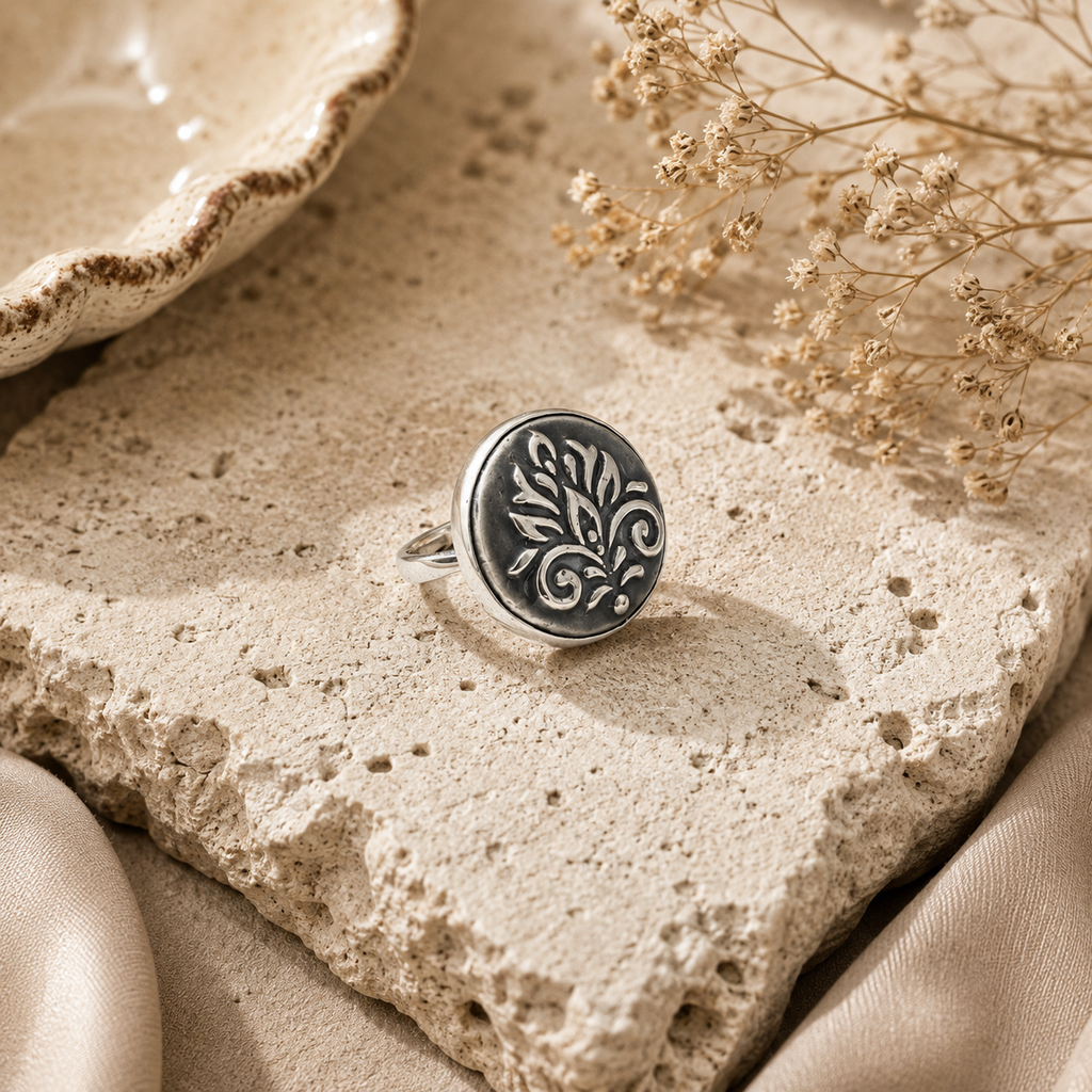 ANUVA Grey Botanical Ceramic Statement Ring Hand-Painted Art