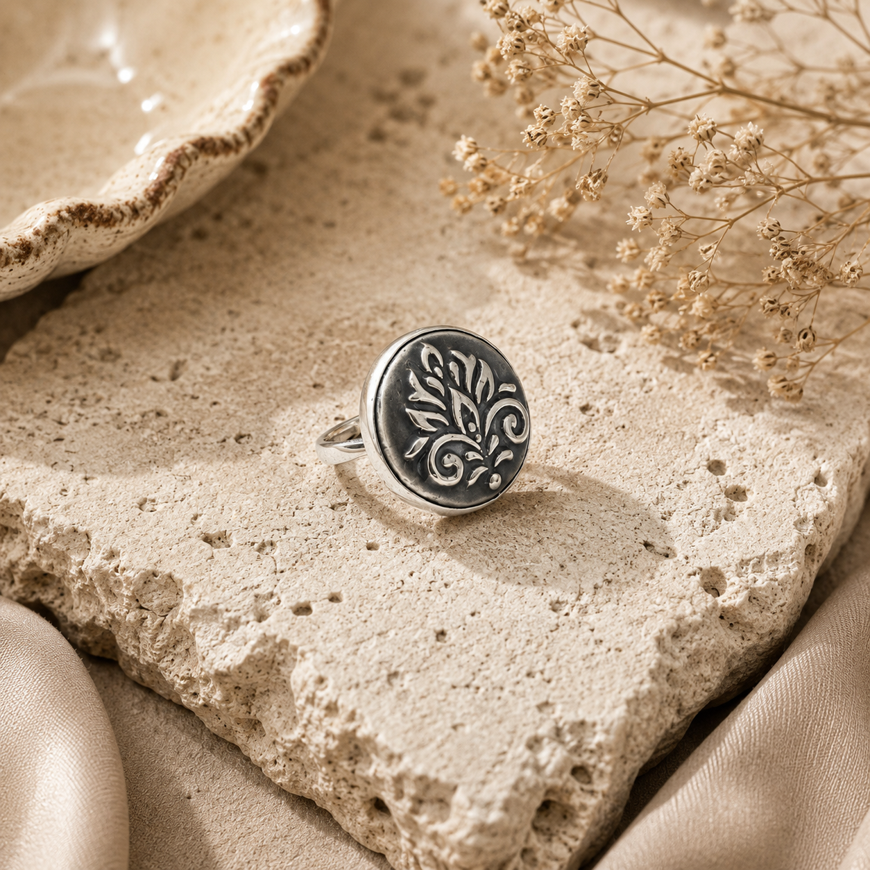 ANUVA Grey Botanical Ceramic Statement Ring Hand-Painted Art