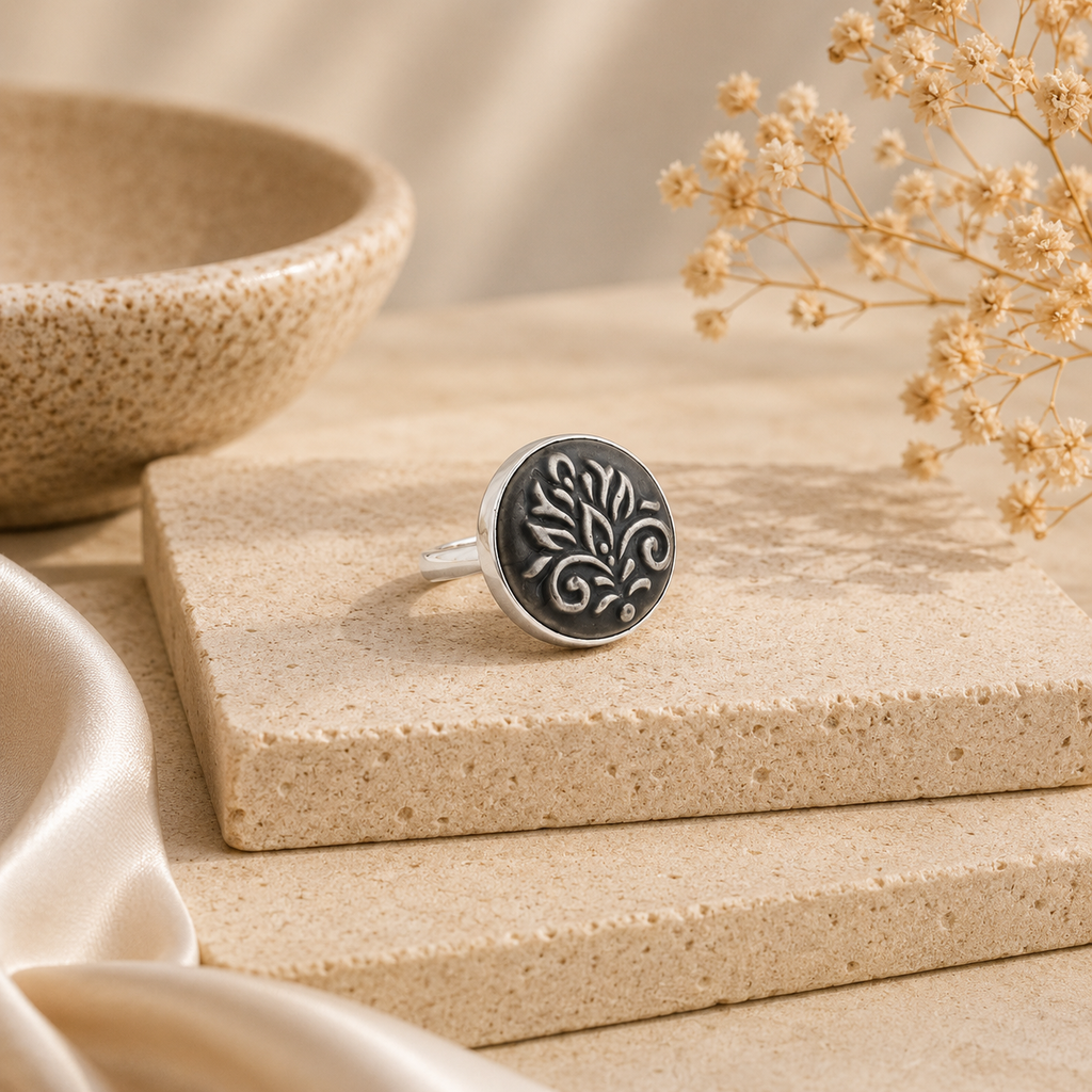 ANUVA Grey Botanical Ceramic Statement Ring Hand-Painted Art