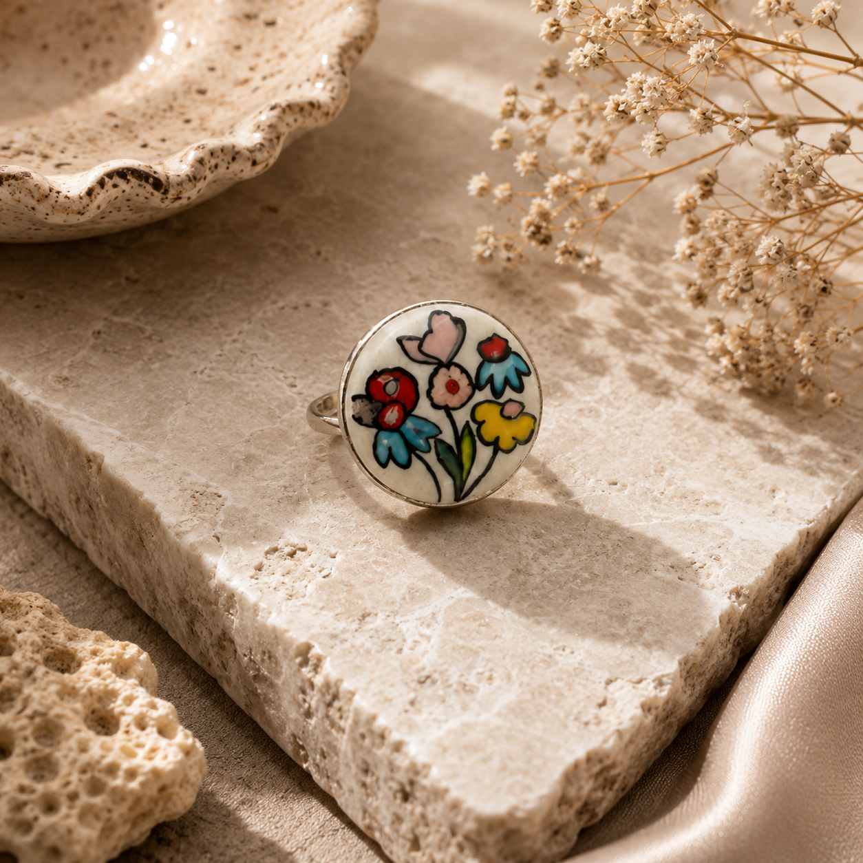 ANUVA Multicolour Floral Ceramic Statement Ring Hand-Painted