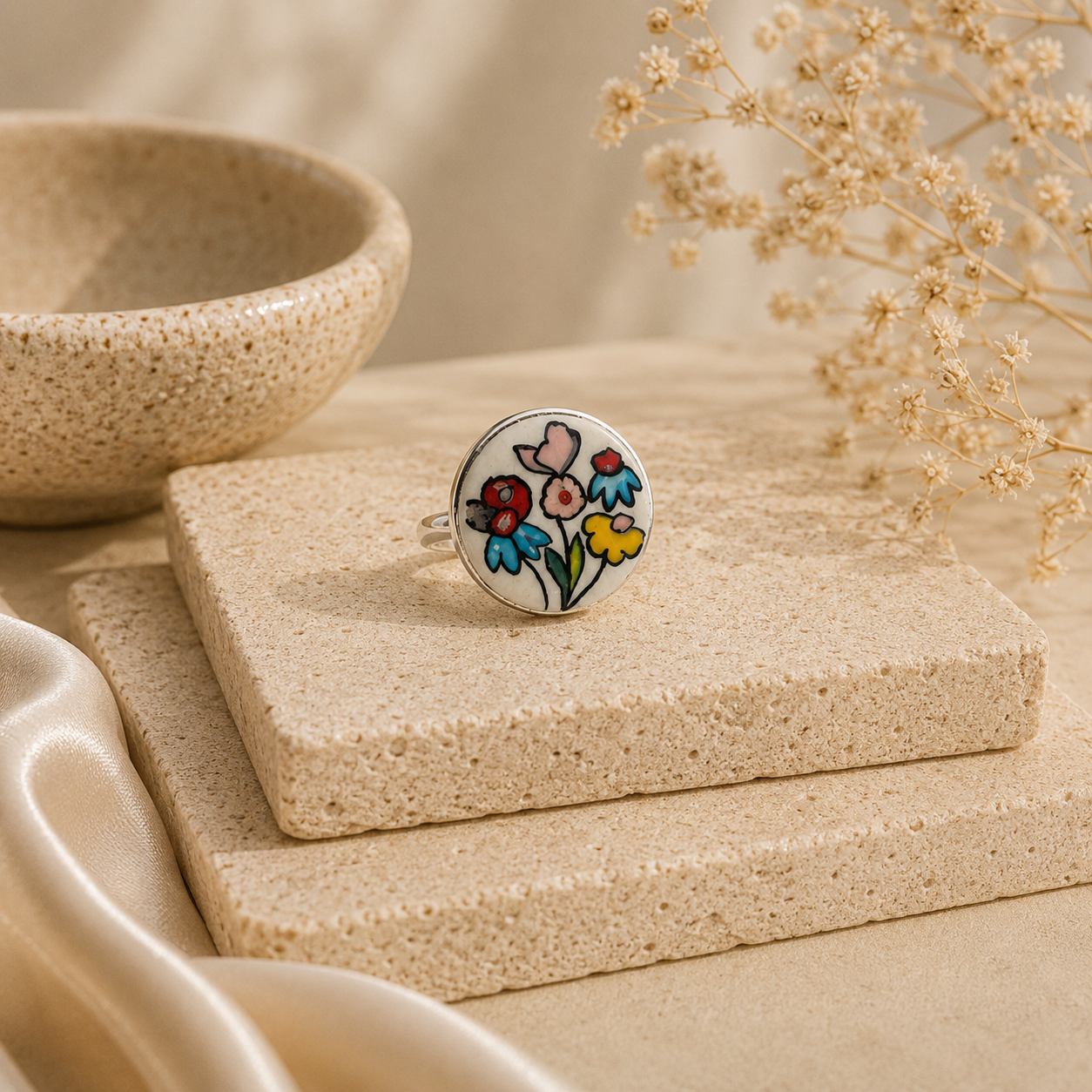 ANUVA Multicolour Floral Ceramic Statement Ring Hand-Painted