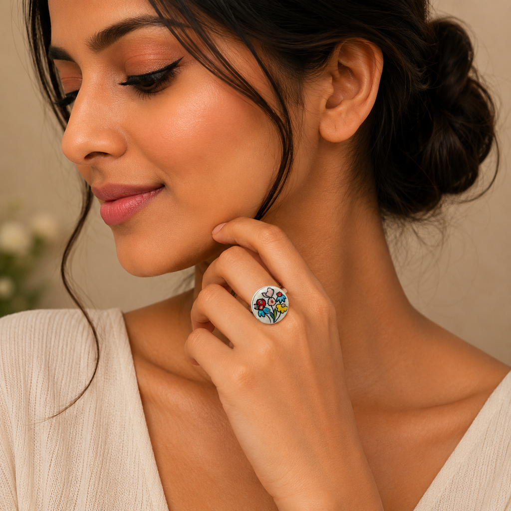 ANUVA Multicolour Floral Ceramic Statement Ring Hand-Painted