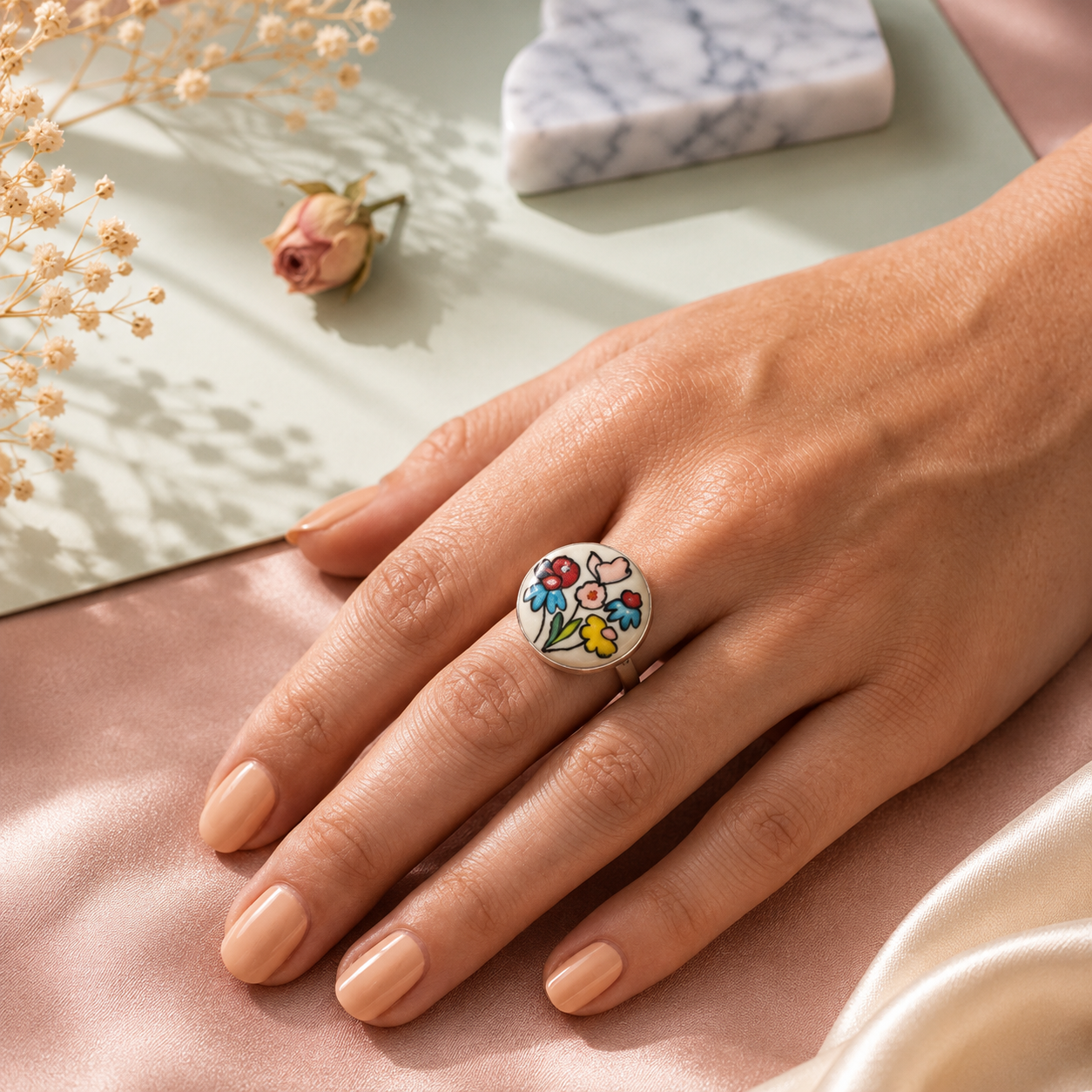 ANUVA Multicolour Floral Ceramic Statement Ring Hand-Painted
