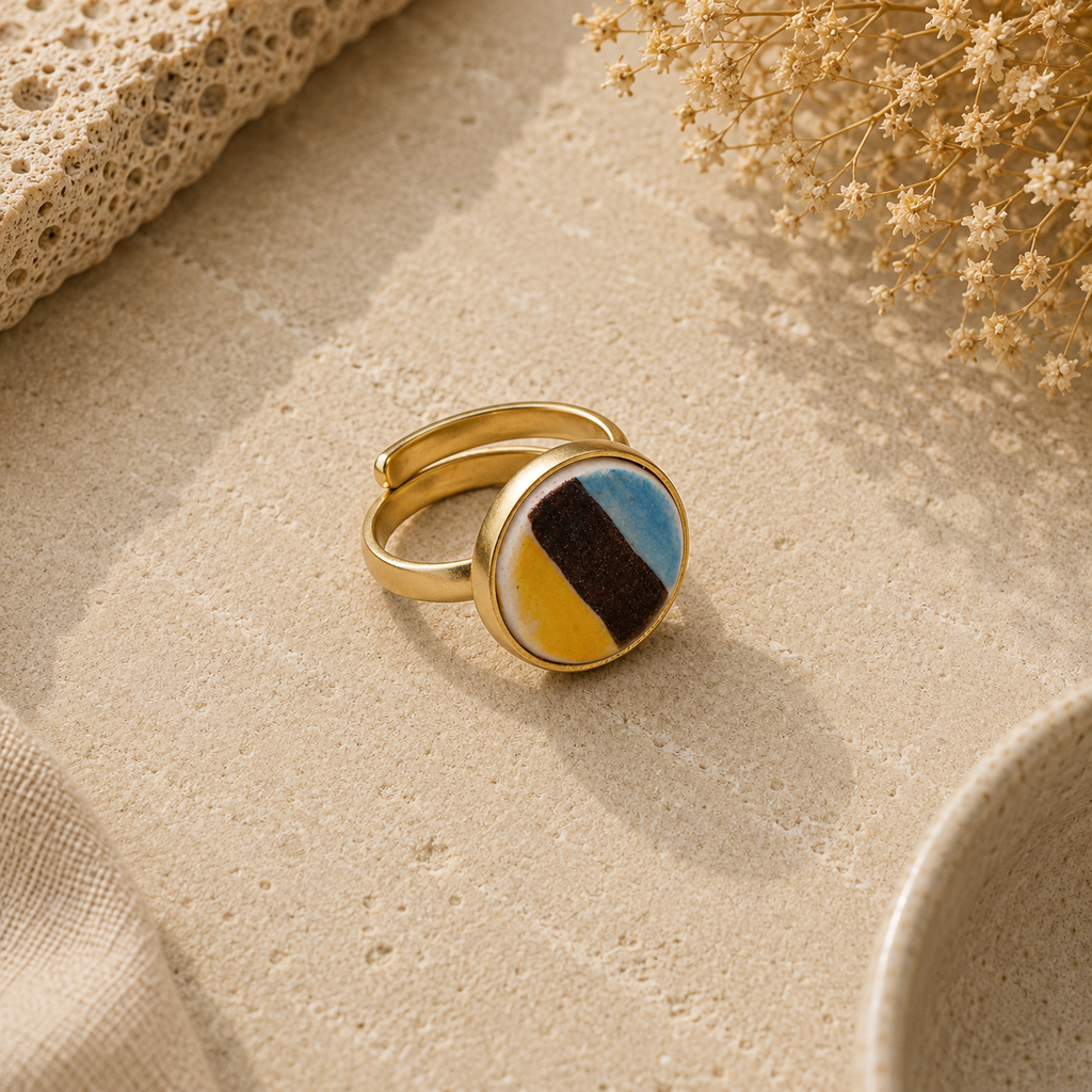 ANUVA Gold Tone Adjustable Ring with Multicolour Resin Stone