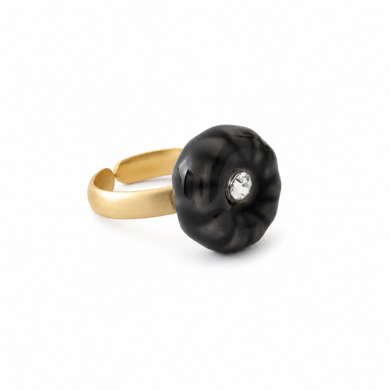 ANUVA Gold Tone Adjustable Ring Carved Black Dome with Crystal