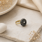 ANUVA Gold Tone Adjustable Ring Carved Black Dome with Crystal