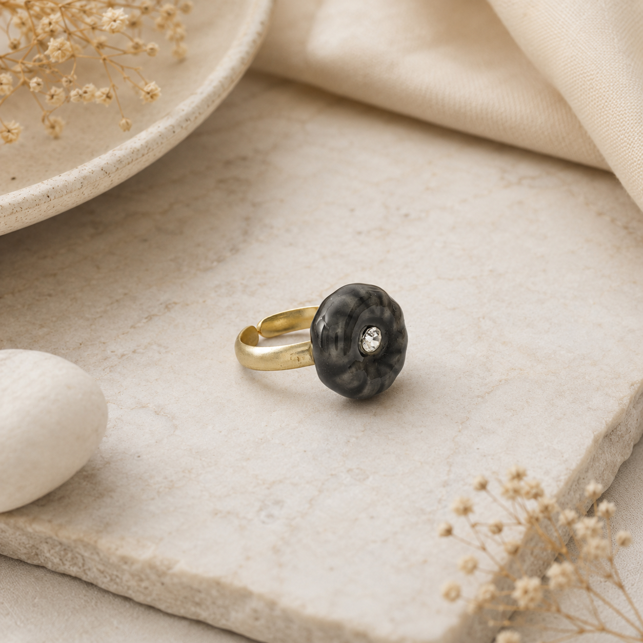 ANUVA Gold Tone Adjustable Ring Carved Black Dome with Crystal