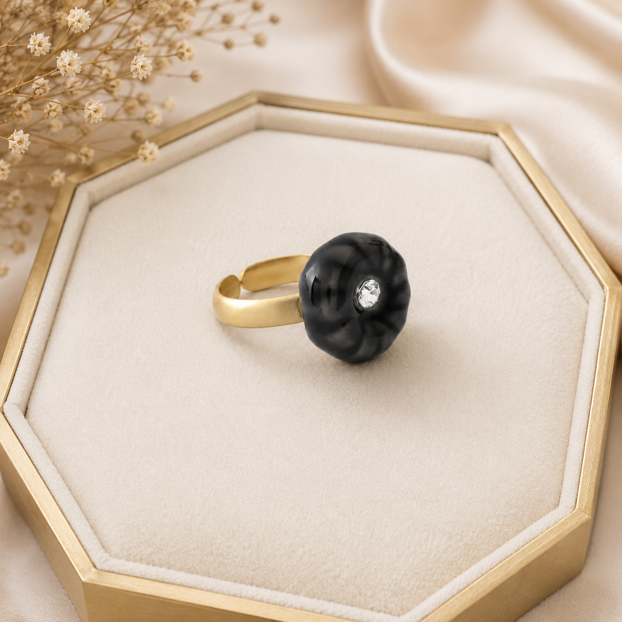 ANUVA Gold Tone Adjustable Ring Carved Black Dome with Crystal