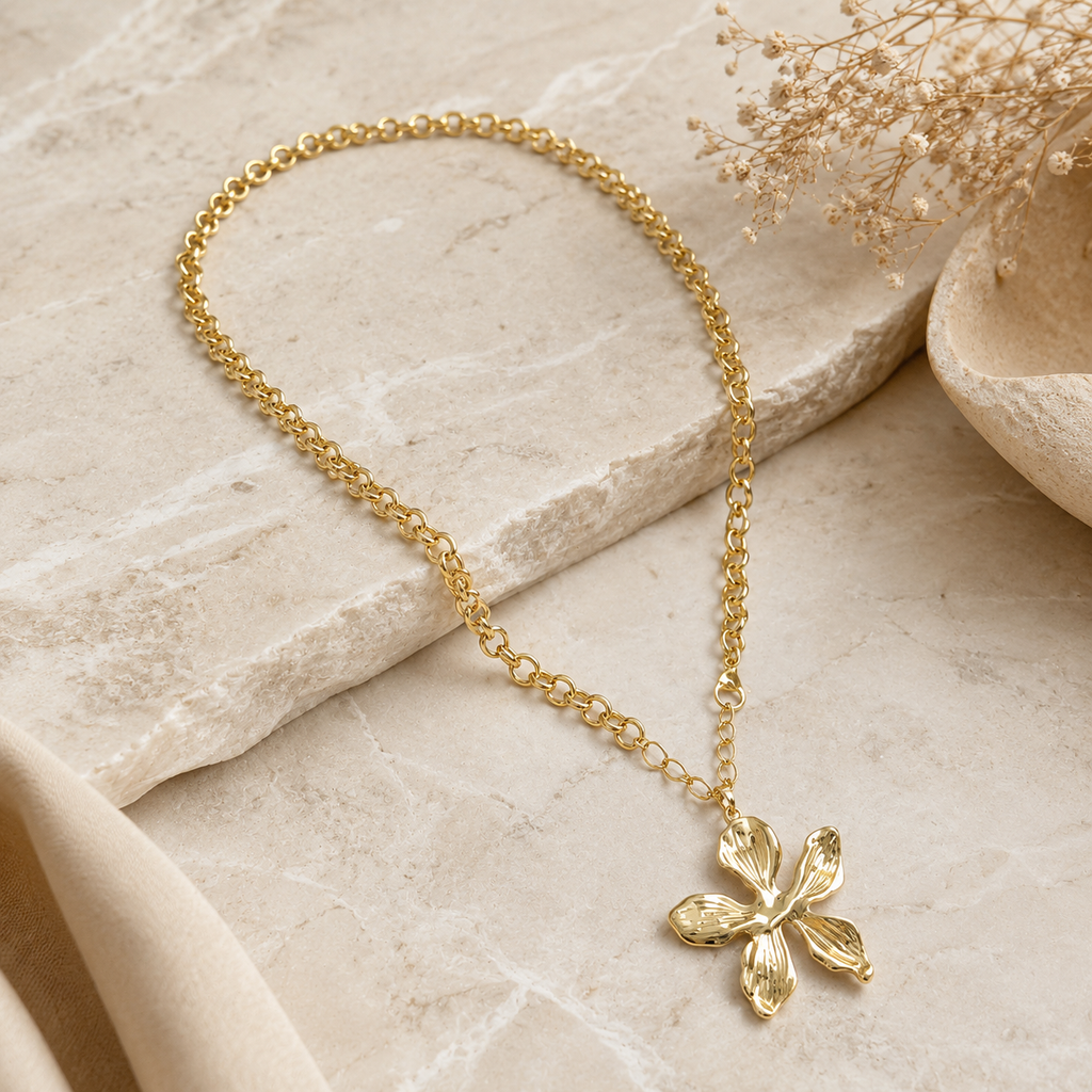 ANUVA Gold-Toned Fleur Sculpt Pendant Necklace Brass Flower Chain