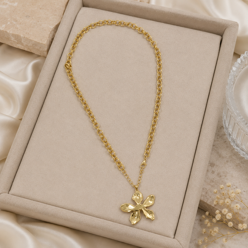 ANUVA Gold-Toned Fleur Sculpt Pendant Necklace Brass Flower Chain