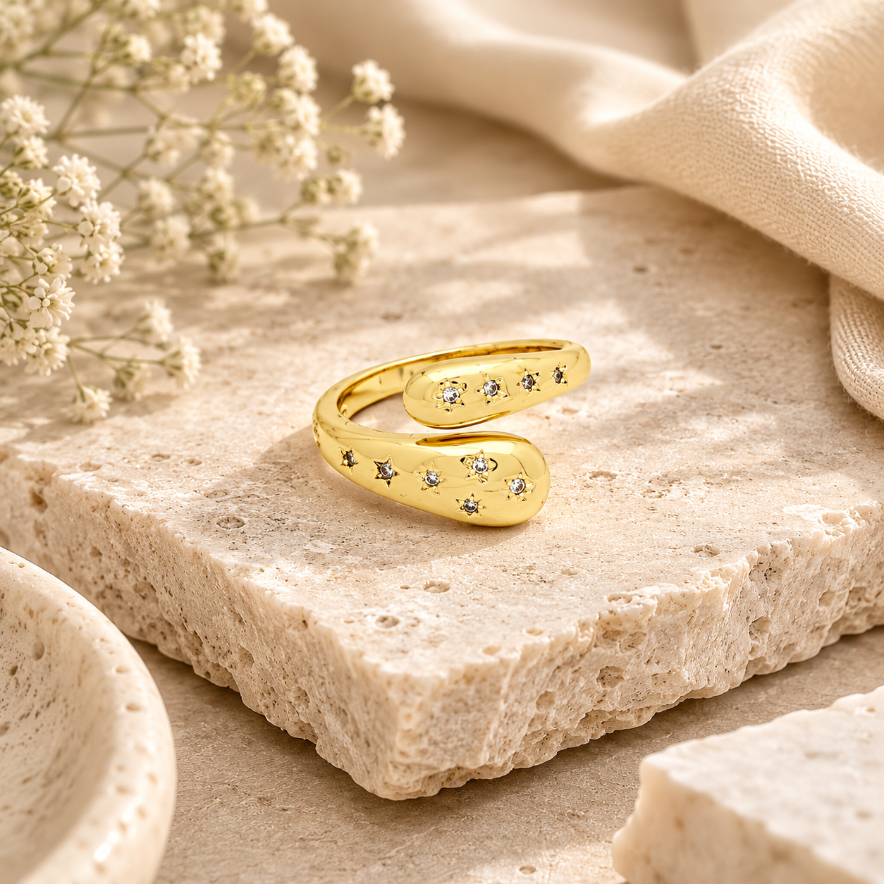 ANUVA Gold-Toned Elara Spark Ring Brass Crystal Bypass Wrap
