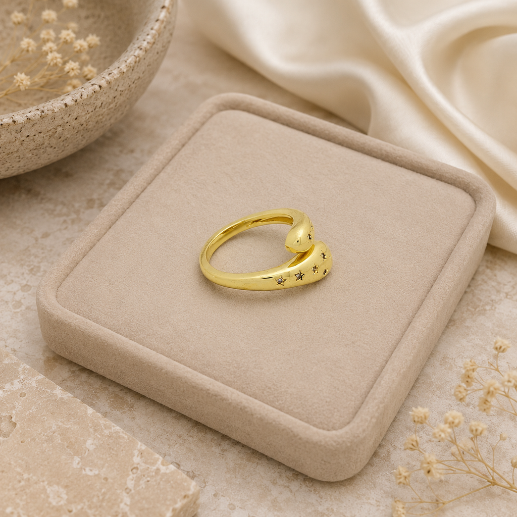 ANUVA Gold-Toned Elara Spark Ring Brass Crystal Bypass Wrap