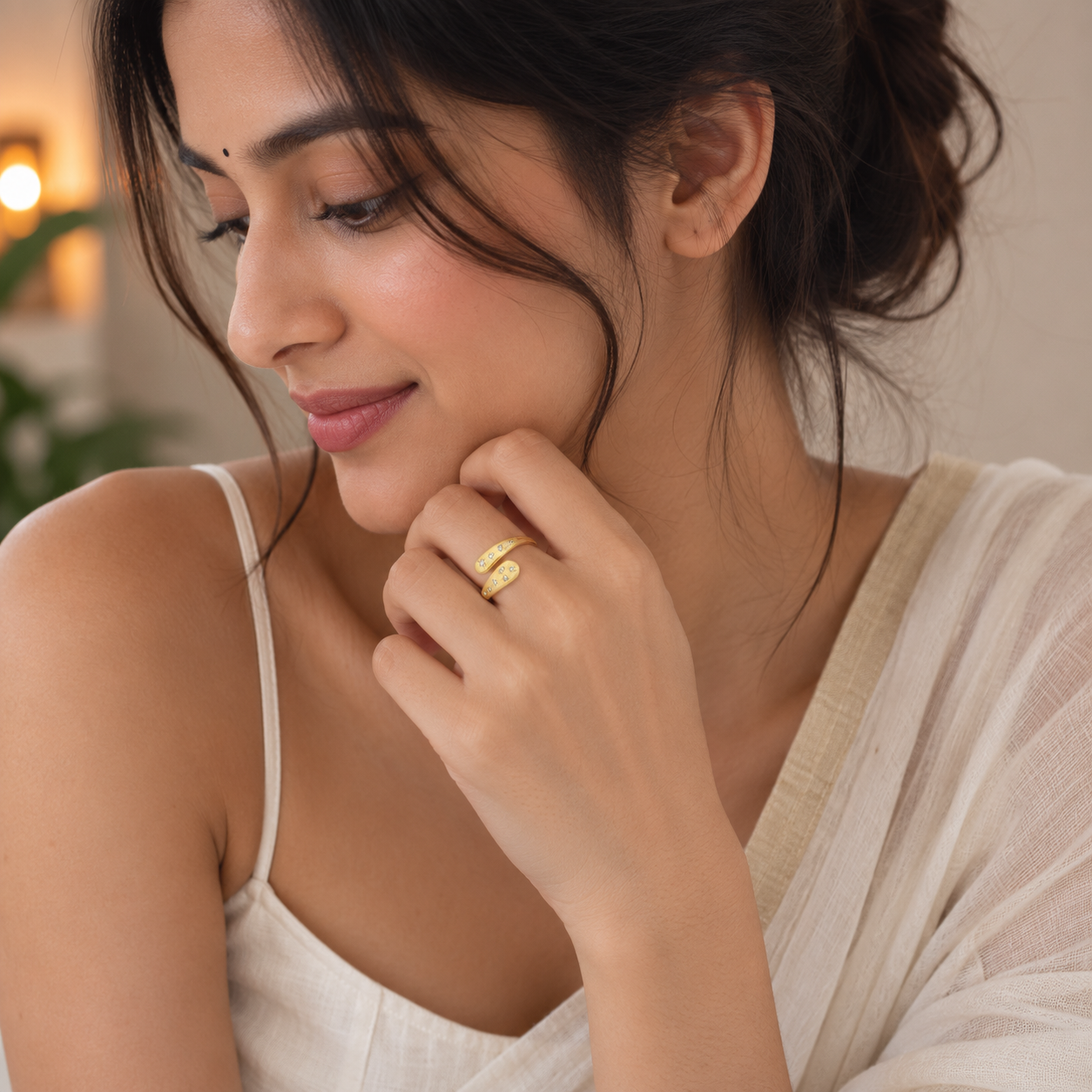 ANUVA Gold-Toned Elara Spark Ring Brass Crystal Bypass Wrap