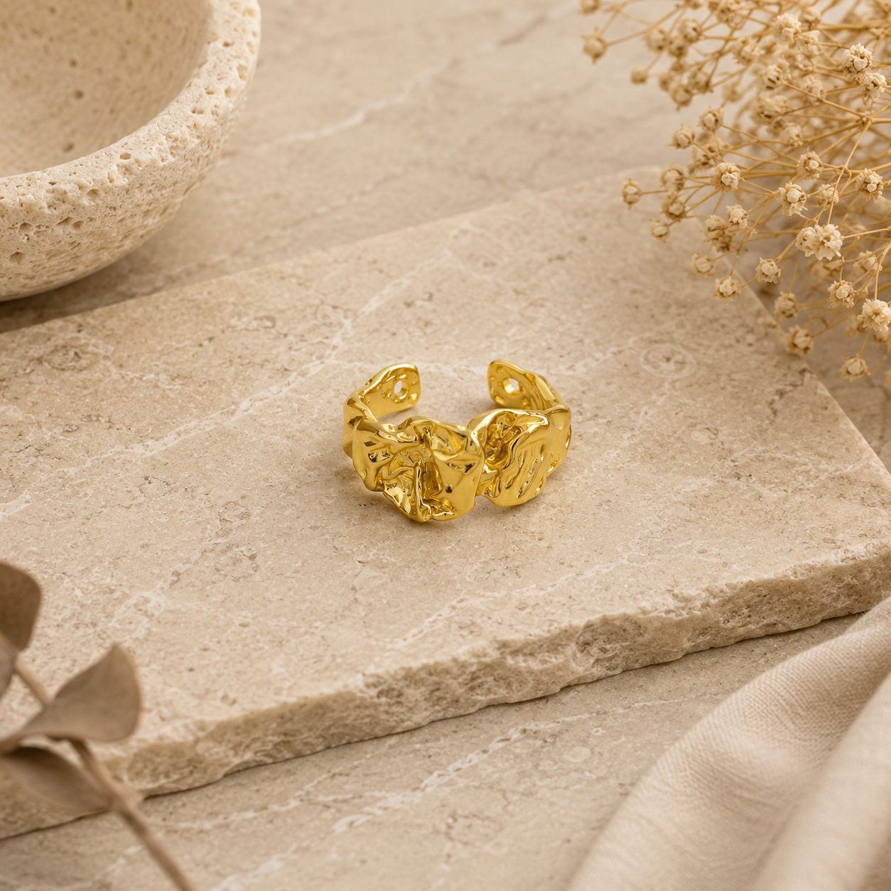 ANUVA Gilded Muse Cuff Ring Gold-Toned Brass Molten Open Band