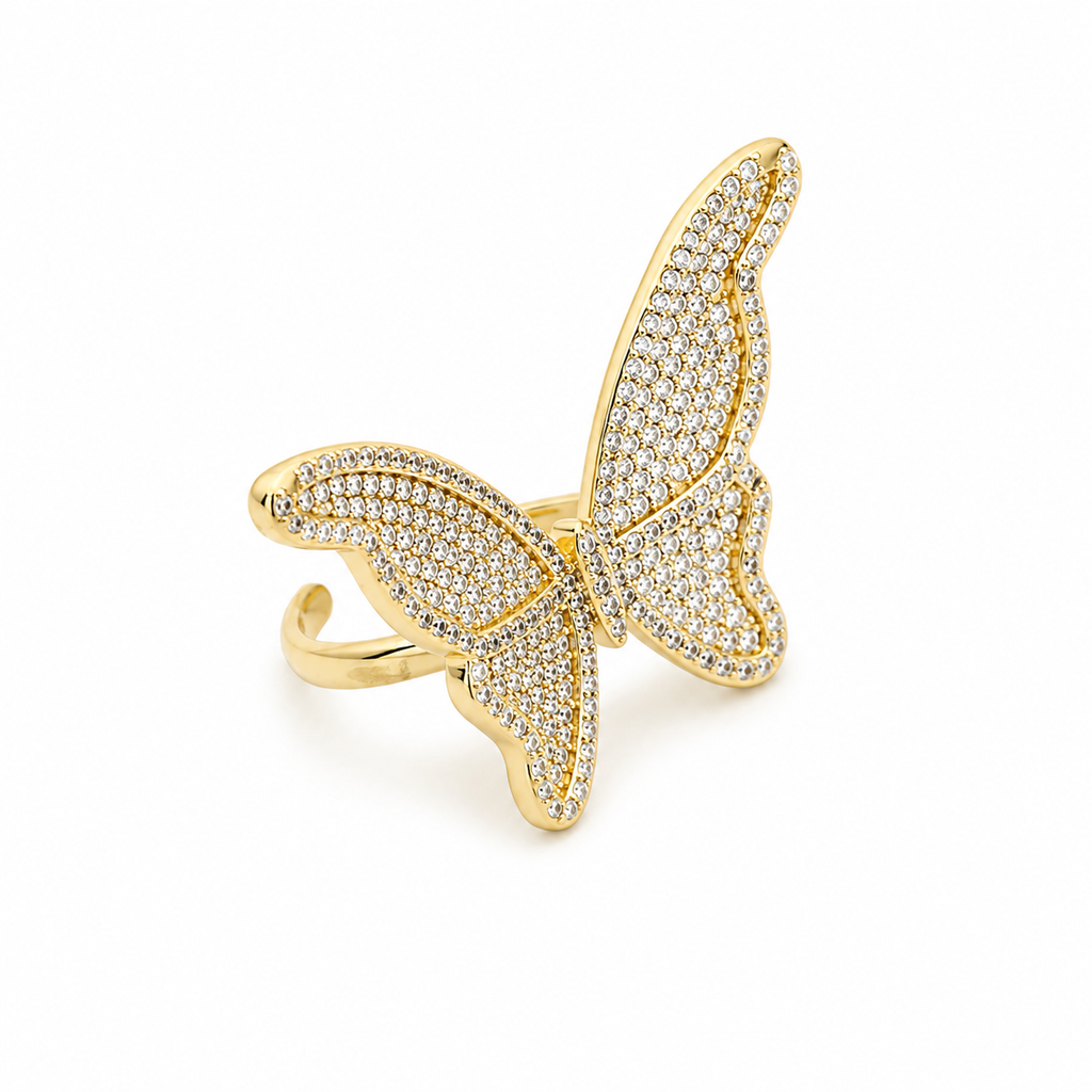ANUVA Gold-Toned Dazzle Butterfly Ring Brass Crystal Pave