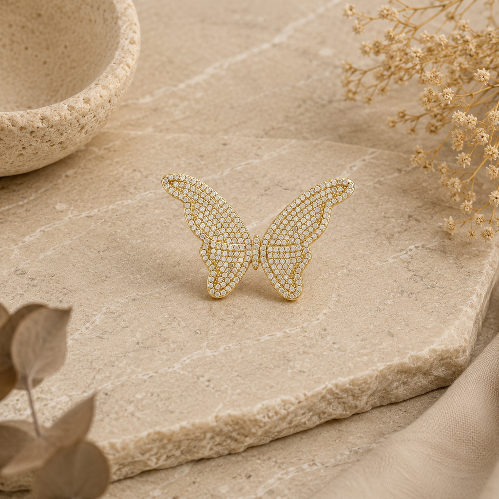 ANUVA Gold-Toned Dazzle Butterfly Ring Brass Crystal Pave