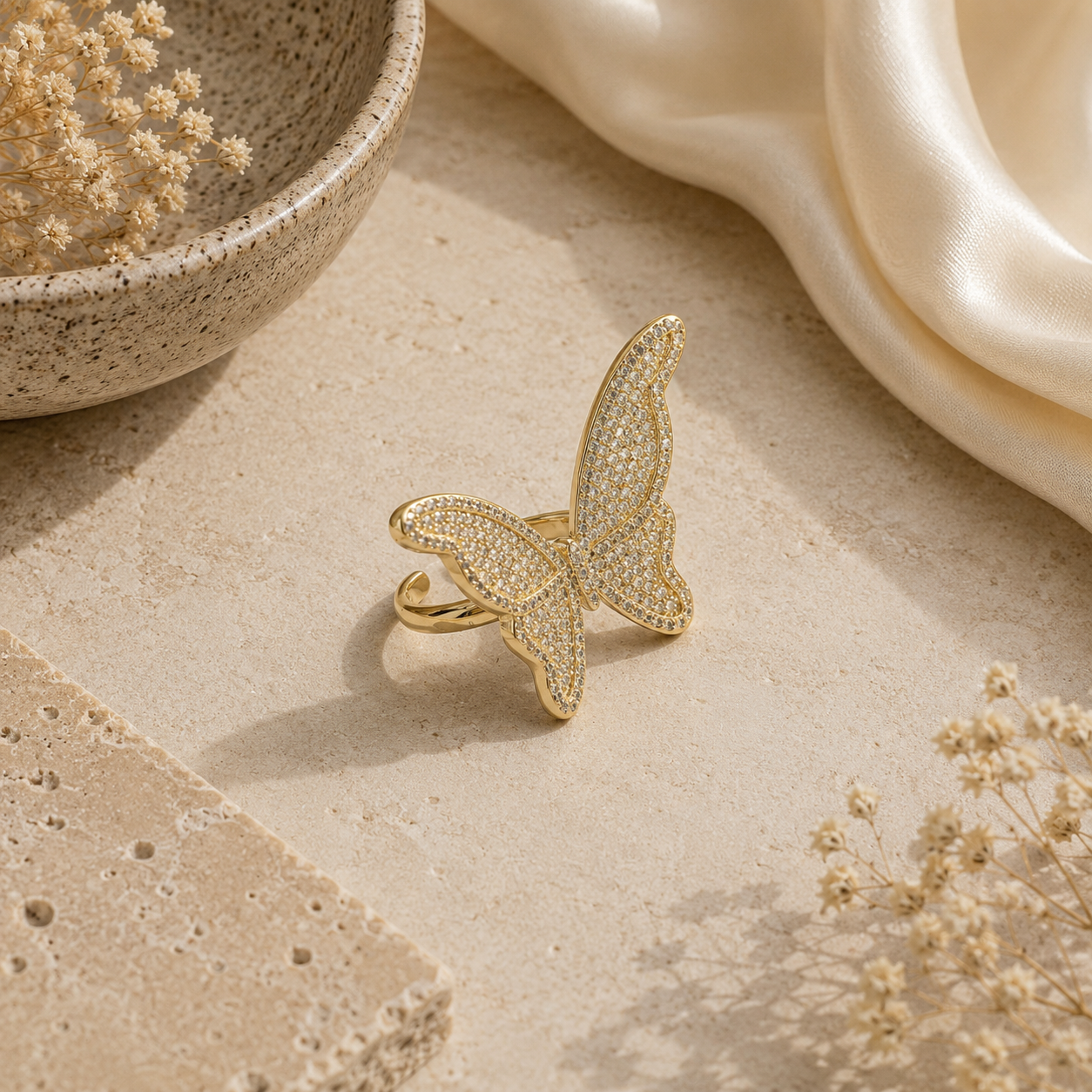 ANUVA Gold-Toned Dazzle Butterfly Ring Brass Crystal Pave